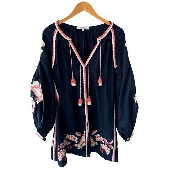 March11‎ Embroidered Linen Tassel Mini Dress Navy Blue Floral Size XS - Picture 3 of 11